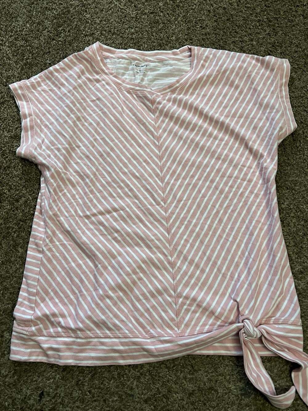 T by Talbots Pink White Striped Chevron Tie Front Short Sleeve Tee Size S